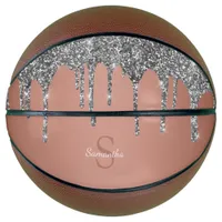 Silver Glitter Sparkle Drips Rose Gold Monogram Basketball