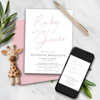 Blush Pink Handwritten Script Baby Girl Shower Invitation