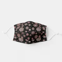 Elegant rose gold glitter pink snowflakes on black adult cloth face mask