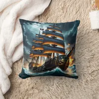 Dramatic Pirate Ship Sailing Through Stormy Seas Throw Pillow