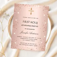 First communion rose gold glitter girl invitation postcard