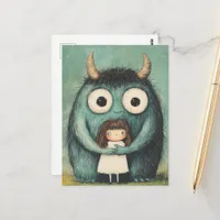 Cute Girl and Her Monster Friend Fantasy Postcard
