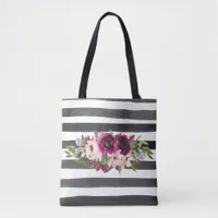 Black and White Lines and Floral Tote Bag