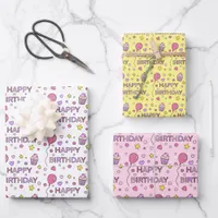 Cute Pink Happy Birthday Cupcakes, Stars and Heart Wrapping Paper Sheets