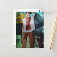 Happy Woman Retro Cat Mixed Media Collage Postcard