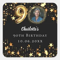 90th birthday black gold stars photo square sticker