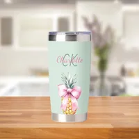 Pink bow pineapple tropical summer sage green insulated tumbler