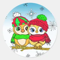 Cute Whimsical Owls on Winter Day Christmas Classic Round Sticker