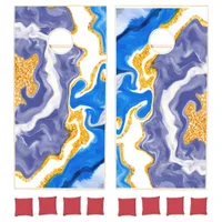 Beautiful Blue, Gold and White Swirls like Water   Cornhole Set
