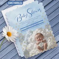 Baby On Cloud Blue Baby Shower Invitation