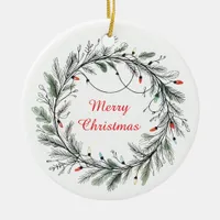 Minimalist Christmas Wreath and Lights Ceramic Ornament