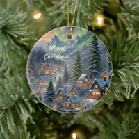 Christmas in a mountain village, polar lights  ceramic ornament