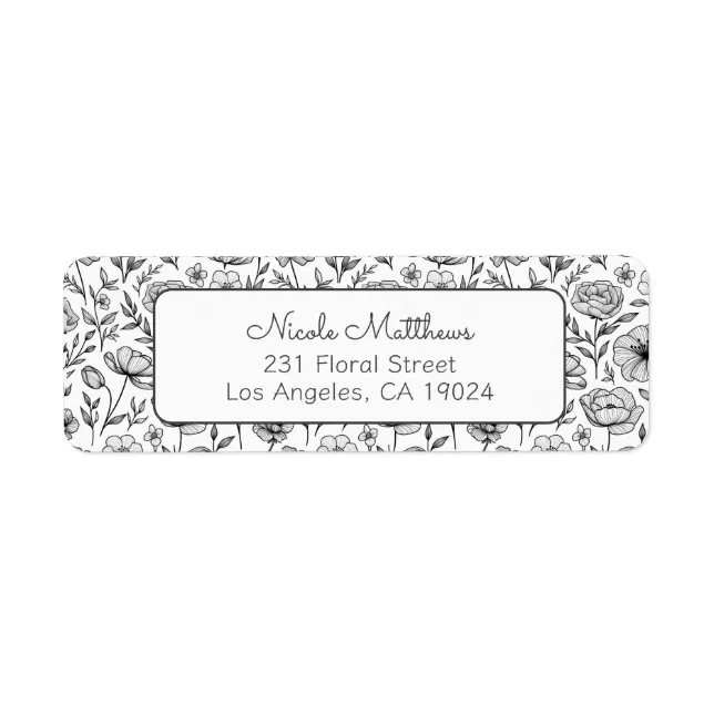 Minimalist Black and White Floral Return Address Label