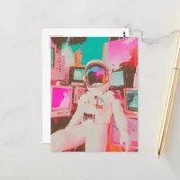 A glitch astronaut in mostly pinks and blues  postcard