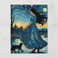 Woman and a Black Cat in a Starry Night Postcard