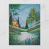 Cabin by the Stream Oil Painting Postcard