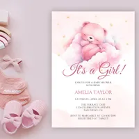 Cute Watercolor Pink Bear It's a Girl Baby Shower Invitation