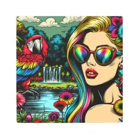 Cute Parrot and Beautiful Woman in Garden Metal Print