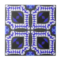 Blue White Grey Ethnic Boho African Tribal Pattern Ceramic Tile