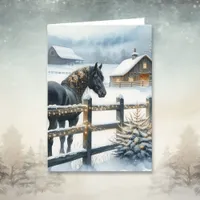 Black Horse on a Christmas Farm Personalized Card