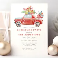 Vintage Red Car Retro Watercolor Christmas Party Invitation