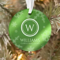 Festive Green Foil Snowflakes Monogram Name Ornament