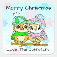 Merry Christmas Cute Owl Couple Christmas Square Sticker