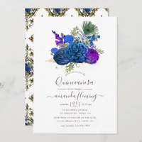 Blue and Gold Vintage Peacock Floral Quinceañera Invitation