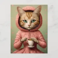 Cat in Pink Coat With a Coffee Postcard