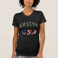 Kansas Picture and USA Flag Font T-Shirt