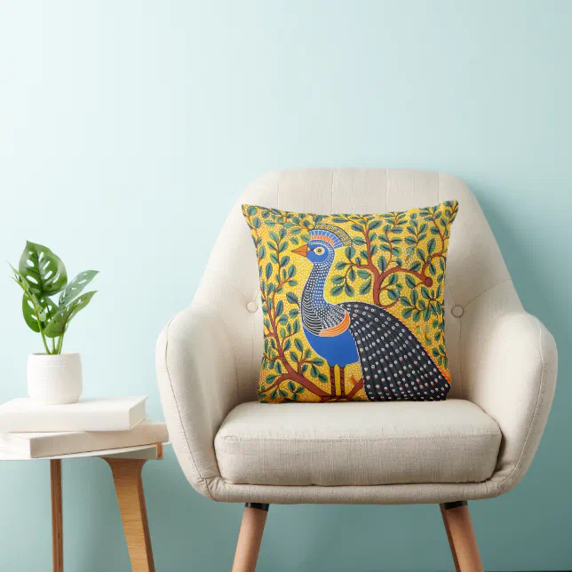 Indian Gond Art Peacock Yellow | Art of India Throw Pillow