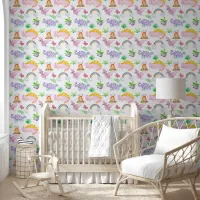 Cute Boho Pink & Purple Dinosaurs Rainbows Nursery Wallpaper