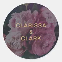 Chic Pink Peony Couples Names Wedding Envelope Classic Round Sticker