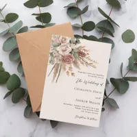 Beige taupe roses pampas grass luxury wedding invitation