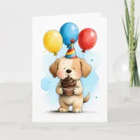 Cute Puppy Dog with Cupcake Kid's Happy Birthday Card