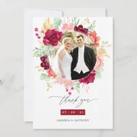 Burgundy and Blush Floral Wedding Photo Collage Thank You Card
