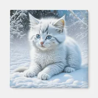 Cute White Cat Playing in the Snow Magnet