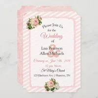 Blush Rose Pink Striped Floral Wedding Invitation
