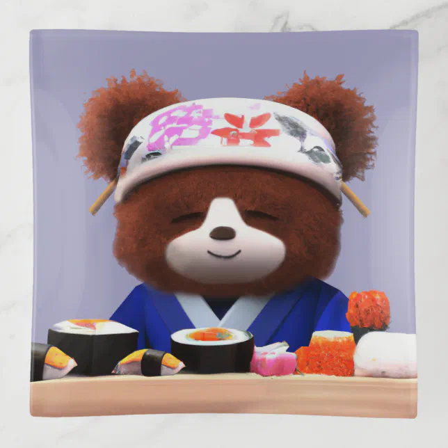 Cute Teddy Bear Sushi Chef Trinket Tray