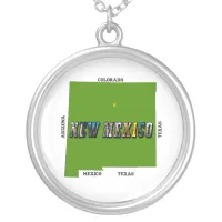New Mexico Map Outline Photo Text Silver Plated Necklace