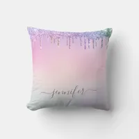 Rainbow Glitter Dripping Glam With Monogram Throw Pillow