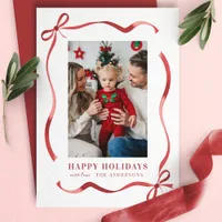 Red Ribbon Frame Happy Holidays Photo Holiday Card