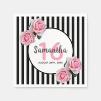 Sweet 16 pink roses black white stripes napkins