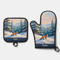 Winter Mountains Snow Scene Forest Trees Wild Fox Oven Mitt & Pot Holder Set