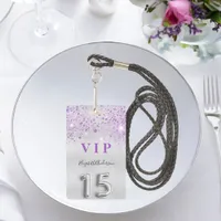 Quinceanera silver purple glitter VIP invitation Badge