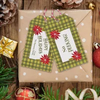 Classic Green Gingham Poinsettia Happy Holidays Gift Tags