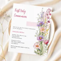 Florals pink cross girl First Communion invitation