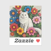 Fluffy White Cat and Folk Art Flowers Sticker