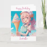 Whimsical Anime Girl with Ice Cream Cone Birthday Card