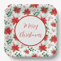 Botanical Print Red Poinsettias Watercolor Pattern Paper Plates